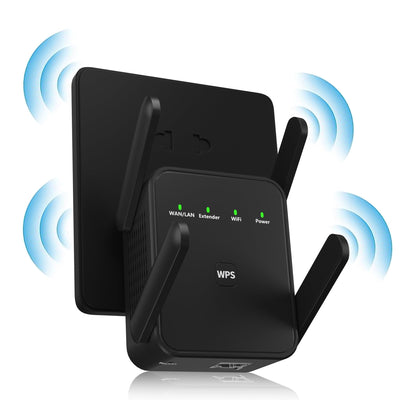 Repetidor Amplificador de WiFi - Amplifica Señal Inalámbrico hasta 4500sq.ft, Soporta 30+ Dispositivos, Puerto Ethernet, Botón WPS/Reset, Negro, Diseño Cómpacto para Fácil Instalación, Repetidor Amplificador de Señal WiFi para Hogar