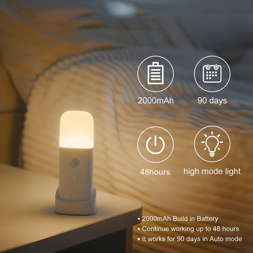 Una luz nocturna LED con detección de movimiento, carga USB y brillo ajustable, que cuenta con una batería recargable de 2000mAh incorporada, ideal para su uso portátil en salas de estar, dormitorios y pasillos.