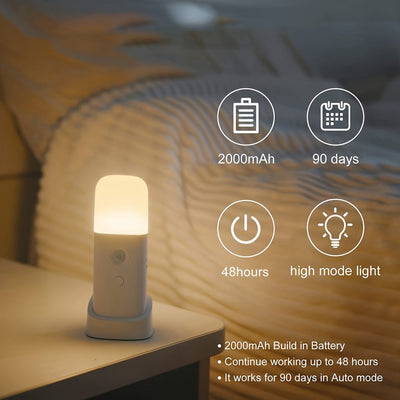 Una luz nocturna LED con detección de movimiento, carga USB y brillo ajustable, que cuenta con una batería recargable de 2000mAh incorporada, ideal para su uso portátil en salas de estar, dormitorios y pasillos.