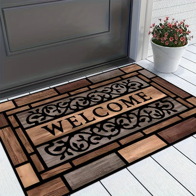 1 alfombra de bienvenida rústica - Resistente, antideslizante de poliéster con respaldo de PVC, diseño elegante en marrón para entrada y decoración del hogar, felpudo para puerta principal