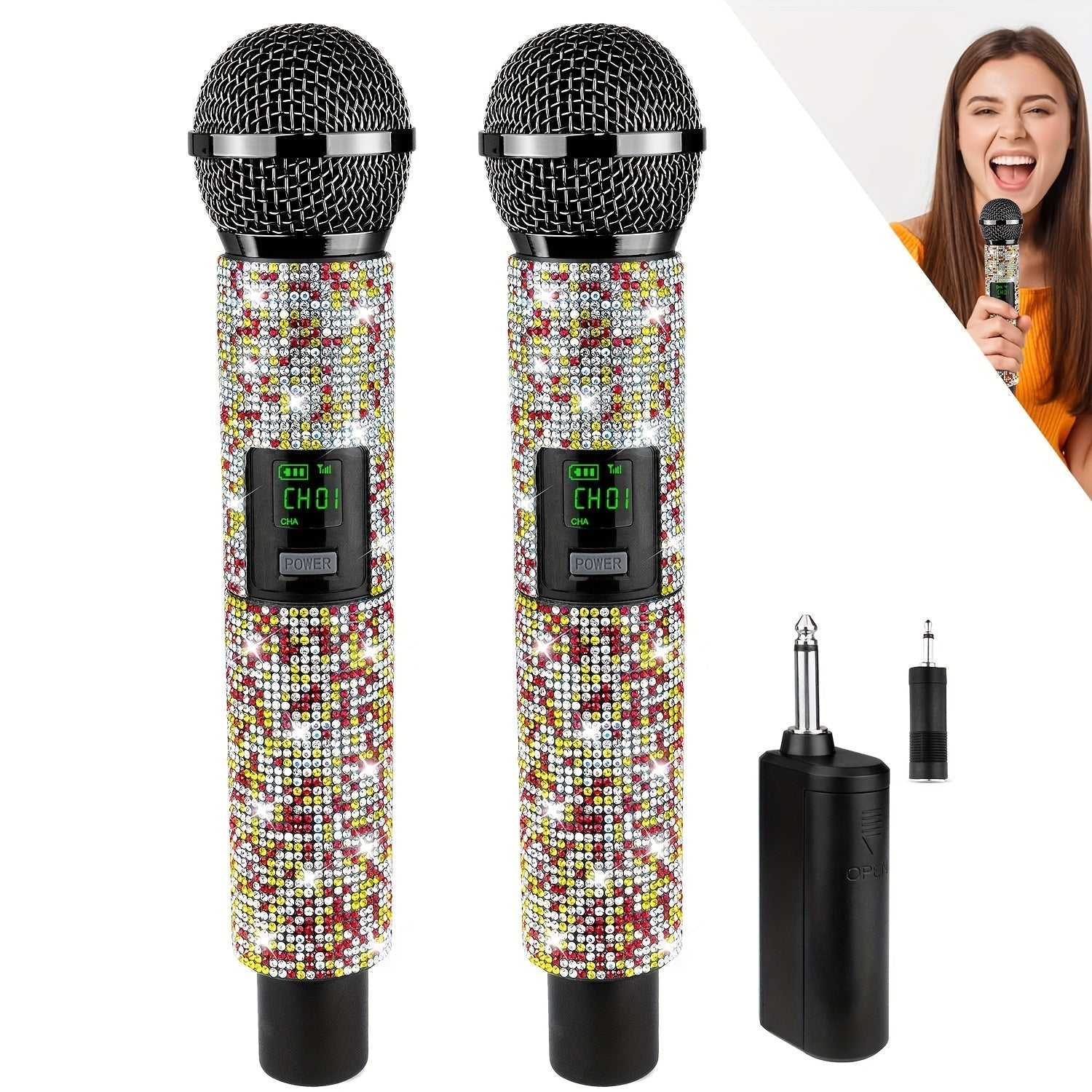 Micrófono Dinámico Inalámbrico de Colores Cristalinos, Micrófono y Receptor Recargables, para Karaoke, Canto, Discurso, Bodas
