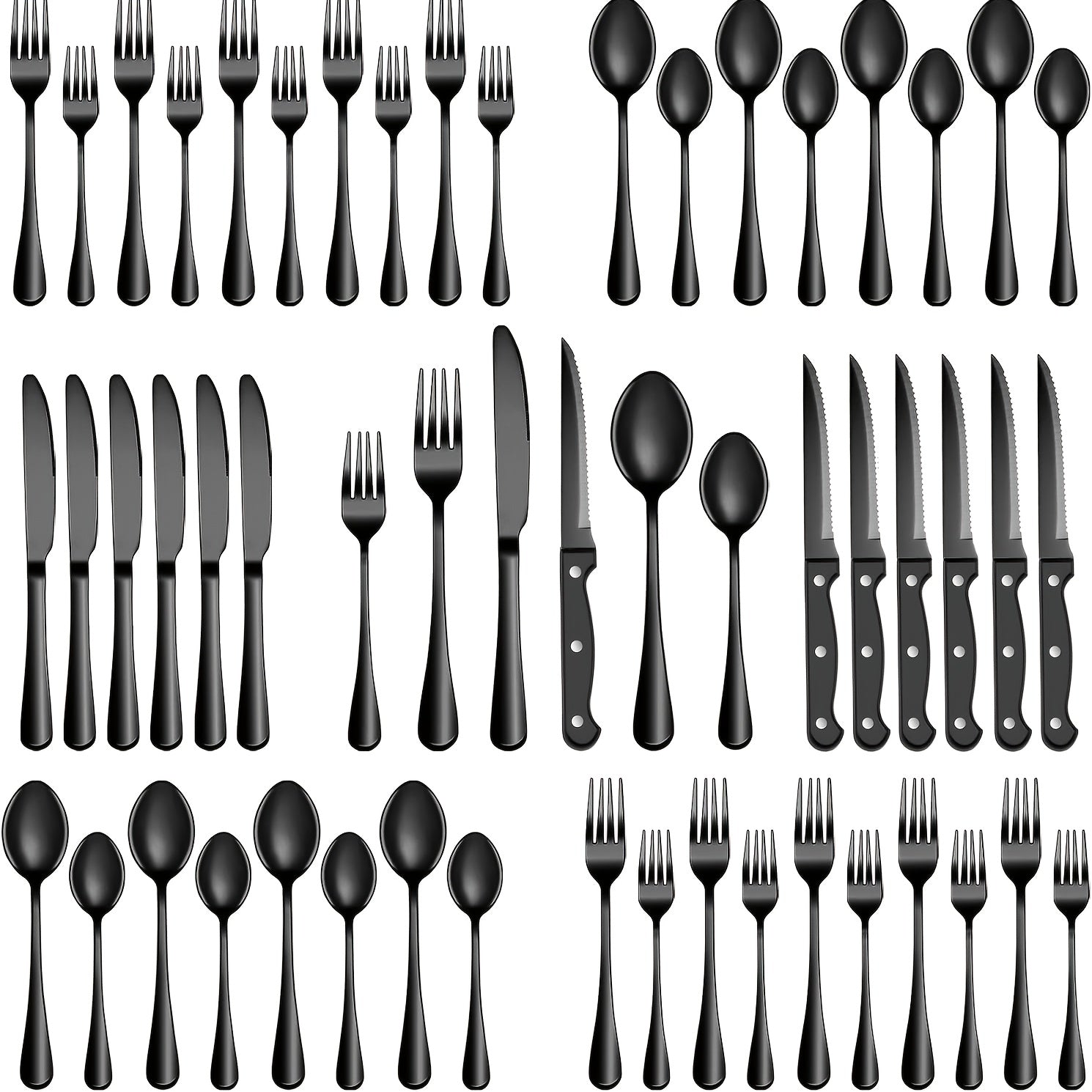 Juego de vajilla de acero inoxidable negro de 24/48 piezas, que incluye cuchillos para bistec, tenedores, cucharas, tenedores y cucharas para postres, adecuado para cocina doméstica/restaurante/hotel/exteriores/fiesta/Día de Halloween/Día del Padre, apto