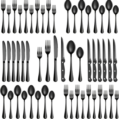Juego de vajilla de acero inoxidable negro de 24/48 piezas, que incluye cuchillos para bistec, tenedores, cucharas, tenedores y cucharas para postres, adecuado para cocina doméstica/restaurante/hotel/exteriores/fiesta/Día de Halloween/Día del Padre, apto