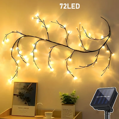 1 juego de luces solares de ramas de ratán, 72/96 LED cálidos, 8 modos, decoración interior y exterior para árbol de sauce, ideal para cenador, jardín, fiestas, cafetería y decoración de balcón