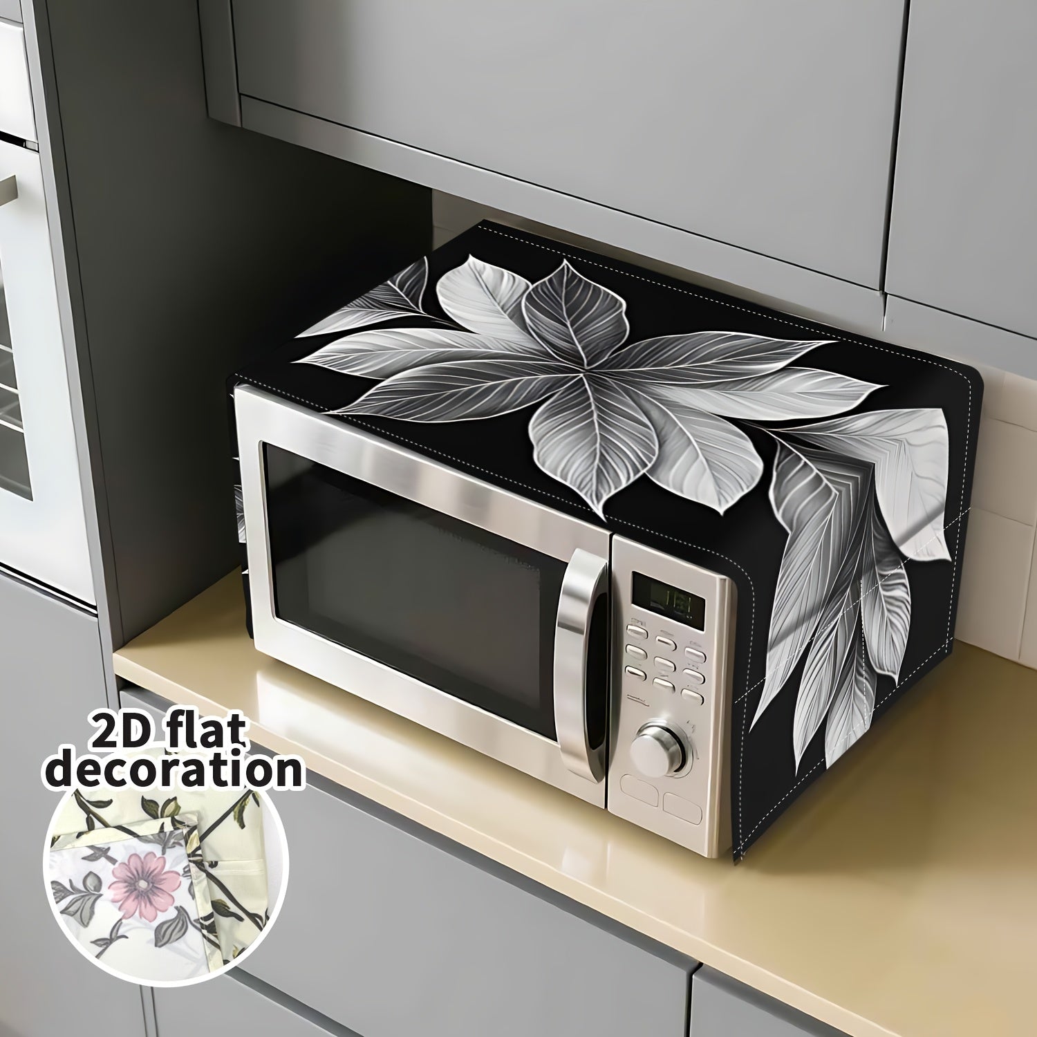 2D Plano, Moderno Minimalista Cubierta de Polvo para Microondas con Patrón de Hojas Negras y Grises - Protector Duradero para Electrodomésticos de Cocina, Bolsa de Almacenamiento Colgante que Ahorra Espacio para Horno Microondas, Organización de Encimere