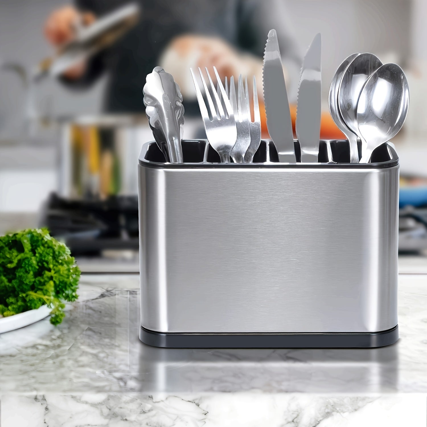 1 pieza, soporte de cubiertos de acero inoxidable - Resistente a la herrumbre, duradero, compartimentos independientes para tenedores, cuchillos, cucharas y palillos - Organizador de utensilios de cocina moderno, ideal para regalos, estante de cocina