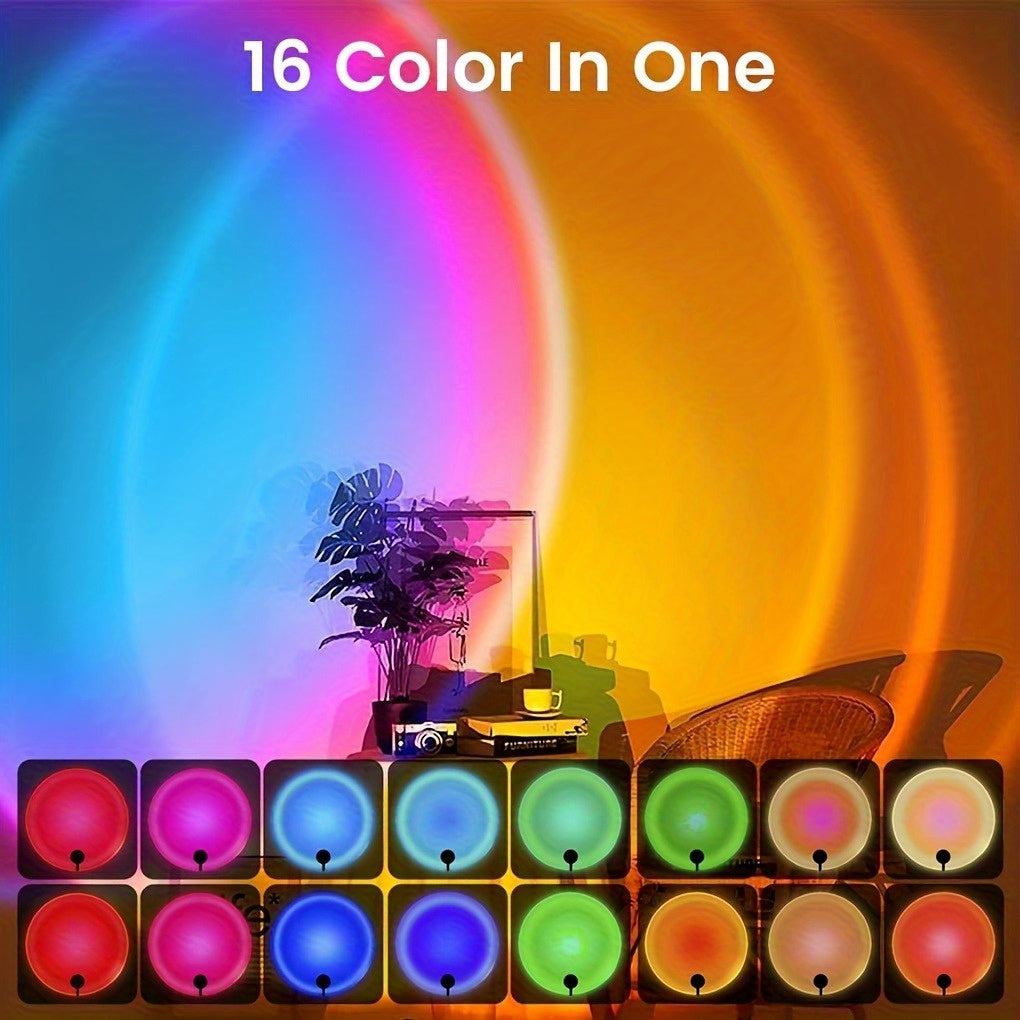 Lámpara de proyección de puesta de sol LED | Iluminación RGB de 16 colores con control remoto y soporte de trípode | Alimentado por USB | Multiusos para fotografía, fiestas, bodas, decoración del hogar | Proyección de puesta de sol, decoración de dormito