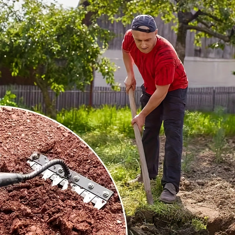 Rastrillo de Acero al Carbono Resistente - Eliminador Eficiente de Malezas y Cultivador de Suelo con Puntas Afiladas, Herramienta Manual para Jardín, Césped y Granja - Sin Necesidad de Electricidad, Fácil de Limpiar, Cabeza Desmontable, Construcción Dura