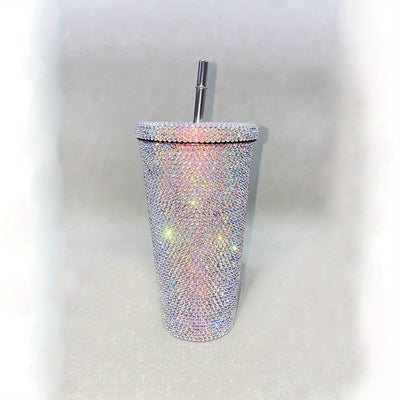 1pc, Vaso Con Tapa Y Pajita Con Incrustaciones Brillantes, Botella De Agua De Acero Inoxidable 304, Tazas De Agua Con Aislamiento Al Vacío De Doble Pared, Bebidas De Verano E Invierno, Accesorios De Viaje, Regalos