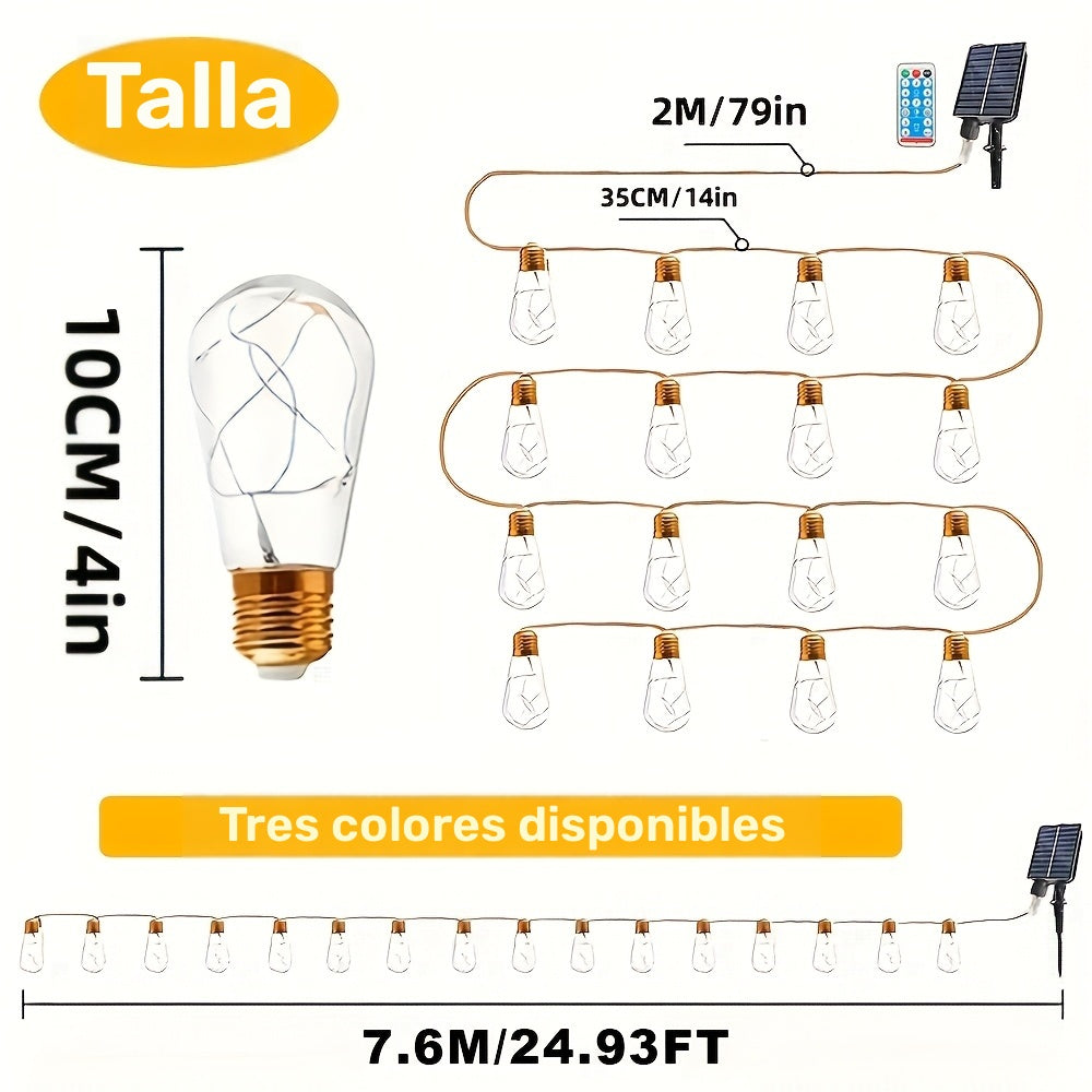 1pc Cadena de Luces Solares Vintage con 16 Bombillas/7.6 metros, IPX4 para Exteriores, 8 Modos de Iluminación, Función de Memoria y Control Remoto, Ideal para Patios, Balcones, Terrazas, Jardines y Navidad