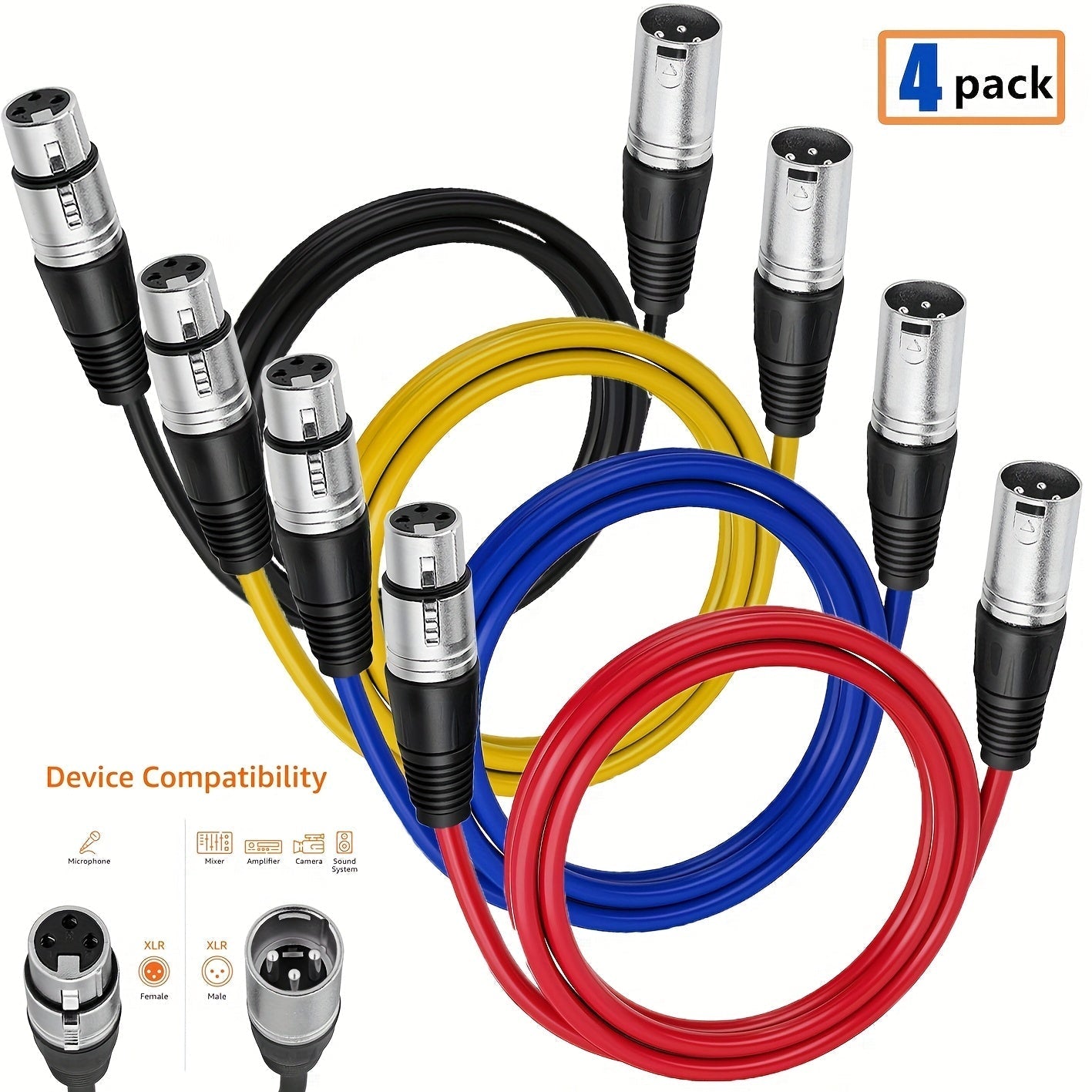 4 cables XLR multicolor, conectores macho a hembra de 3 pines, cable de audio de alta fidelidad para micrófonos, mezcladoras y bocinas, cubierta de PVC resistente, compatible con equipos de estudio e iluminación escénica