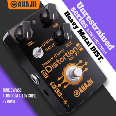 Pedal de efectos para guitarra AHAJII AH-77u, alta ganancia, distorsión, bypass verdadero, selector de 2 vías (Extremo/Clásico), ideal para heavy metal, color negro