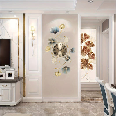 1pc Elegante Reloj de Pared de Metal con Flores y Hojas de Ginkgo, Decoración Artística para el Hogar, Silencioso, Funciona con Pilas, Sin Enchufe, para Decoración de Paredes de Sala de Estar, Dormitorio, Jardín al Aire Libre (Pilas no Incluidas)