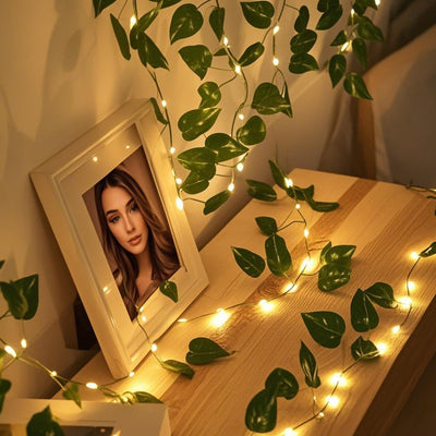 1 pieza de encantadora cadena de hojas artificiales verdes con LED - alimentada por batería, 200 cm / 78.74 pulgadas / 20LED / 6.56 pies, adecuada para iluminación escénica, ambiente hogareño y de dormitorio, fiesta, decoración de bodas y festivales, uti