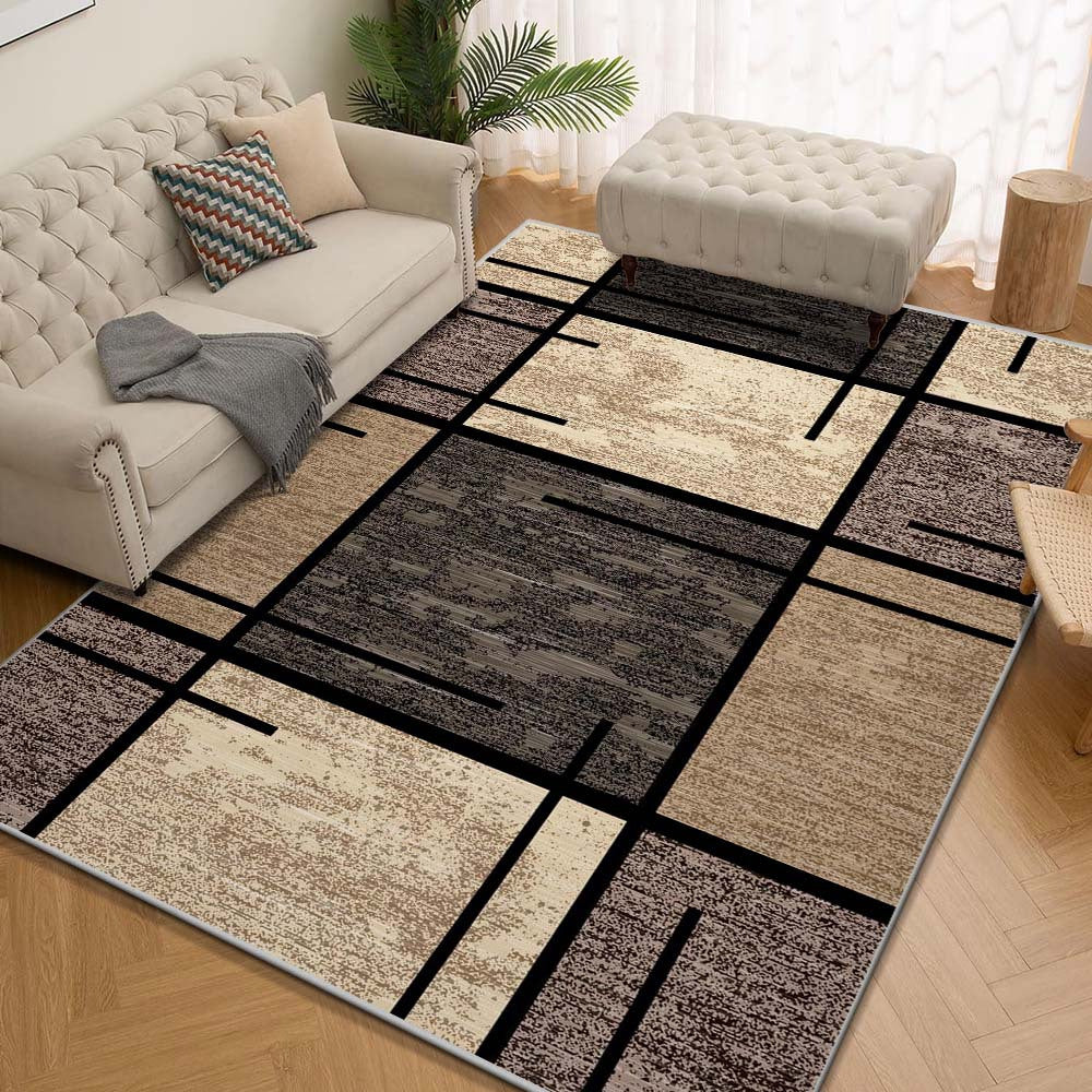 Alfombra de área de terciopelo lujosa - Premium, lavable a máquina, resistente a decoloración, de poliéster para sala, dormitorio, oficina y decoración exterior - Rectangular, liviana y fácil de limpiar - 850g/m², diseño geométrico en beige y marrón, tap