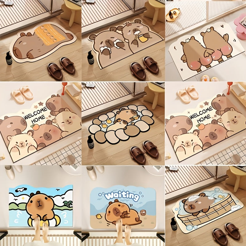 Alfombra de baño antideslizante con diseño de carpincho adorable - Super absorbente de tierra de diatomeas, secado rápido y suave - Diseño de caricatura con fresas y té de burbujas - Perfecta para baño, ducha, lavandería, dormitorio o sala de estar