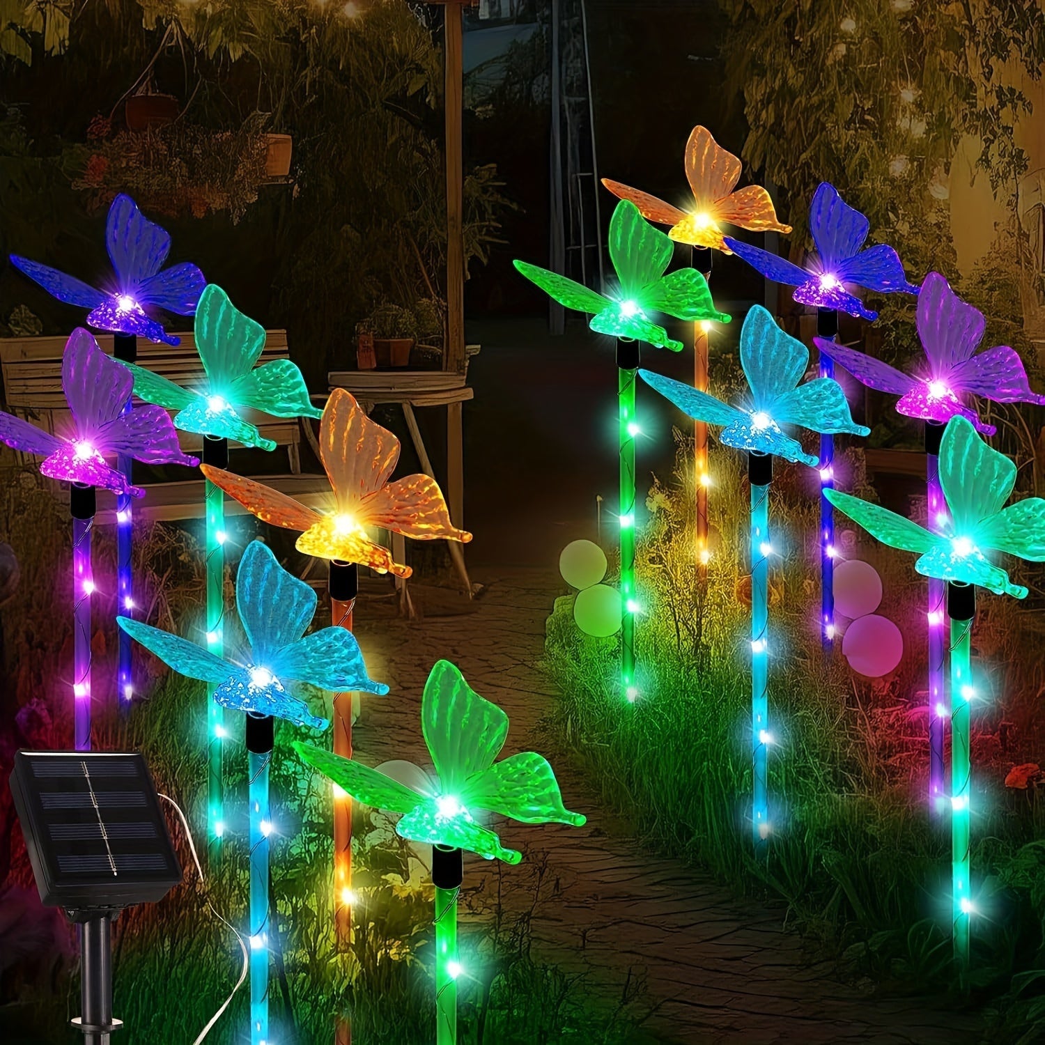 Juego de 4 luces solares en forma de mariposa, luces de jardín de plástico con montaje semi empotrado y 8 modos, iluminación decorativa exterior alimentada por energía solar para el jardín, patio, parterres y decoración del hogar.