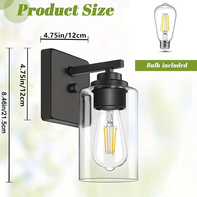 Juego de 2 Apliques de Pared para Baño, Luces Modernas para Tocador, Linternas de Iluminación de Montaje en Pared en Negro Mate, Luces de Pared Estilo Granja con Pantalla de Vidrio Transparente para Dormitorio, Sala de Estar, Pasillo y Cocina (Bombilla I