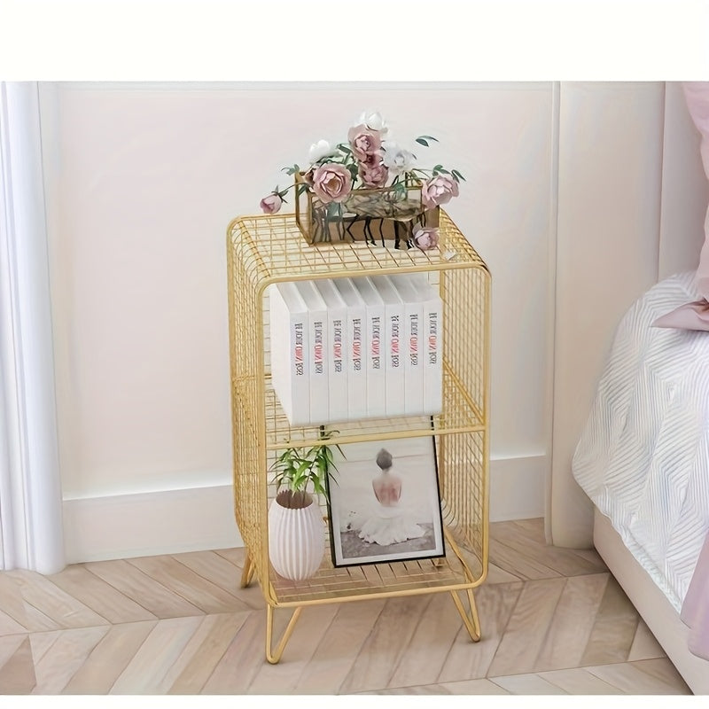 Estantería de Metal Escandinava de 2 Niveles - Estante Moderno Independiente, Acabado Dorado, Ideal para Dormitorio, Sala u Oficina - Organizador Duradero y Ahorrador de Espacio para Libros, Decoraciones y Ropa, Sistema de Estanterías Elegante