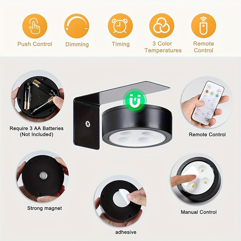 3 piezas de luz LED montada en pared + magnética, 3 colores ajustables con temporizador, decoración para hogar, luz bajo mueble, control remoto + doble control por pulsador, para oficina, armario, vitrina, pasillo y escaleras