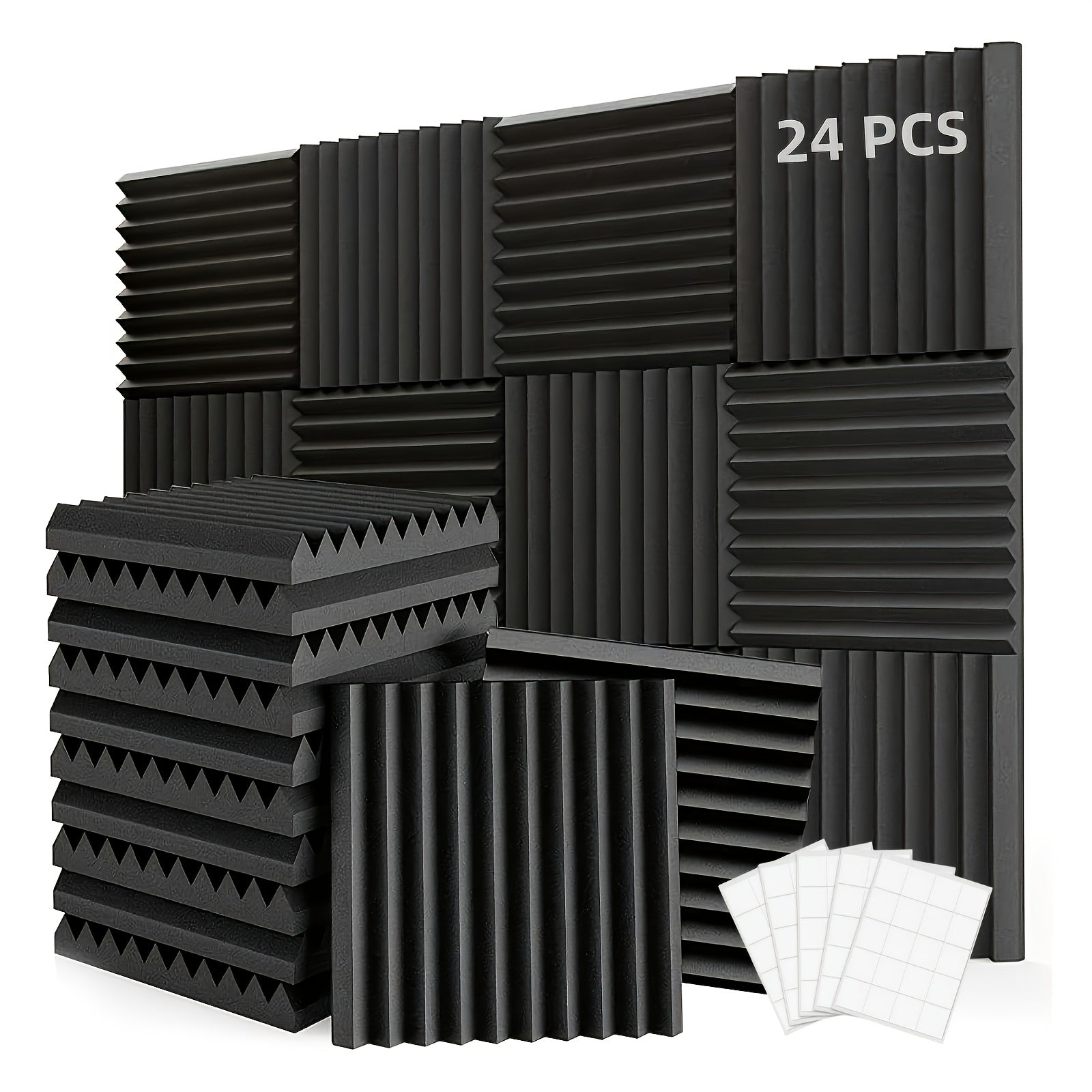 24 paneles de espuma negra de alta densidad insonorizantes con cinta adhesiva doble cara gratis, 12x12x1 pulgadas, paneles acústicos ignífugos para paredes, reducción de ruido, recuperación rápida, ideales para oficinas en casa, estudios, salas de confer
