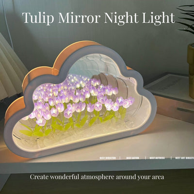 Luz de noche de tulipán de nube hecha a mano, producto terminado espejo, lámpara de mesa LED brillante, decoración para dormitorio, luz de atmósfera, regalo creativo de cumpleaños para esposa o mejor amiga.