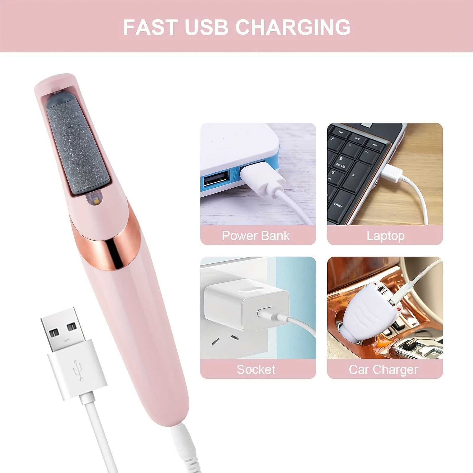 Limpiador Eléctrico de Pies Recargable por USB con 2 Velocidades y Luces LED, Herramientas Profesionales para el Cuidado del Pie en Color Claro Beige para Talones Agrietados y Piel Muerta