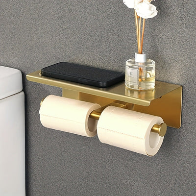 Soporte de papel higiénico de acero inoxidable con estante, diseño de doble cabeza, acabado cepillado, ahorro de espacio para baño, dorado, accesorio de inodoro.