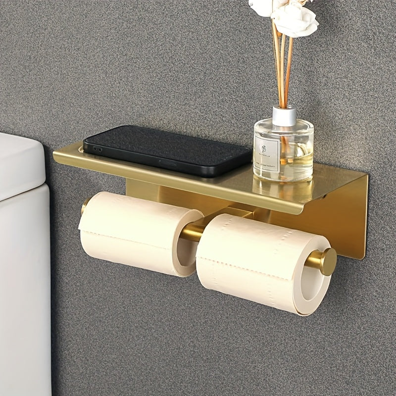 Soporte de papel higiénico de acero inoxidable con estante, diseño de doble cabeza, acabado cepillado, ahorro de espacio para baño, dorado, accesorio de inodoro.
