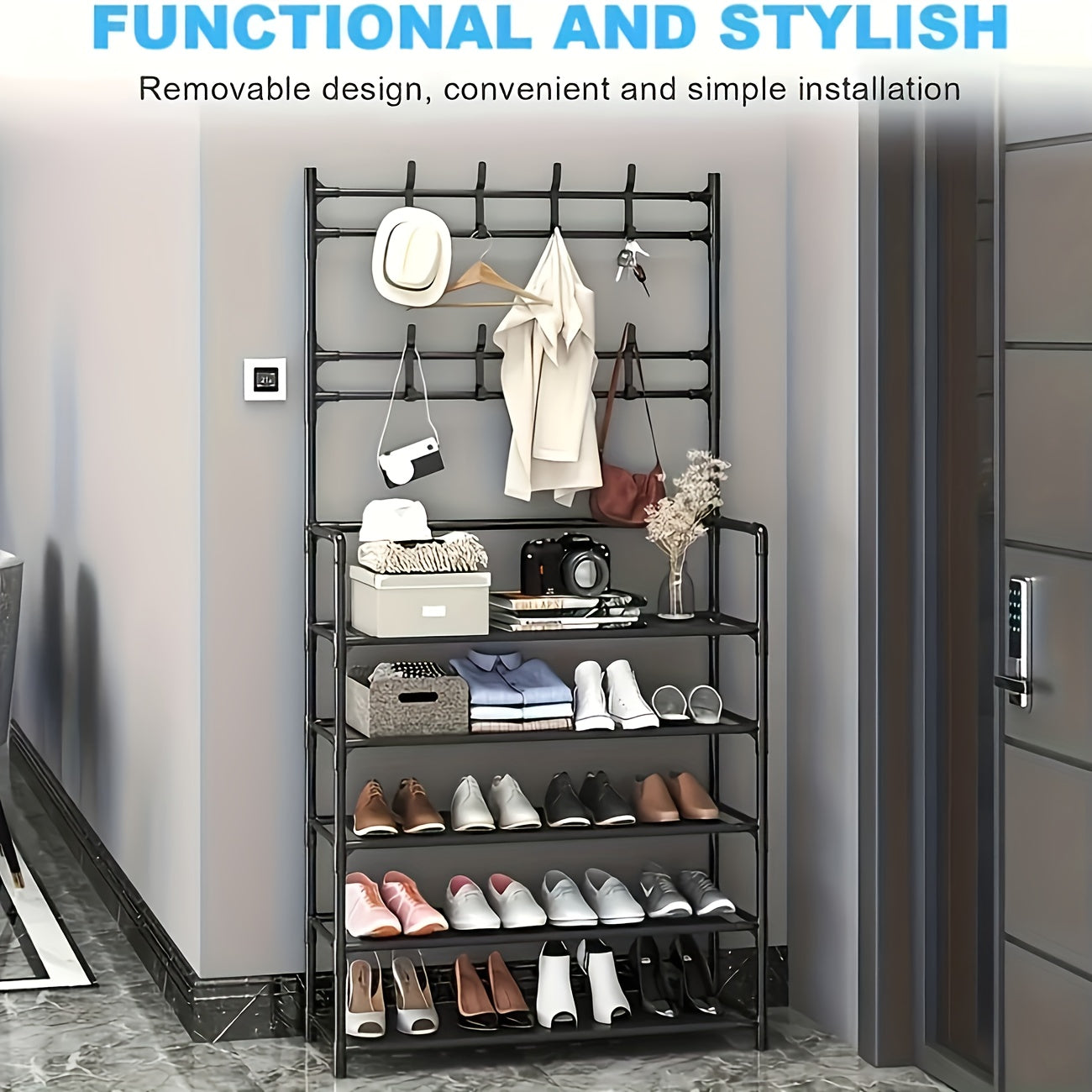 Estantería Multifuncional de 5 Niveles con 8 Ganchos Dobles - Organizador de Zapatos y Ropa en Acero Inoxidable, Marco Metálico Resistente para Sala, Baño o Tienda, Unidad Versátil de Almacenamiento, Estante Contemporáneo y Robusto, Ahorra Espacio