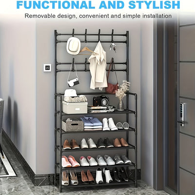 Estantería Multifuncional de 5 Niveles con 8 Ganchos Dobles - Organizador de Zapatos y Ropa en Acero Inoxidable, Marco Metálico Resistente para Sala, Baño o Tienda, Unidad Versátil de Almacenamiento, Estante Contemporáneo y Robusto, Ahorra Espacio