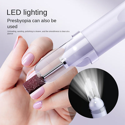 Un dispositivo de doble propósito que combina esmalte de uñas recargable y luz LED, equipado con herramientas hipoalergénicas para dar forma, pulir y eliminar esmalte de uñas. Incluye una pantalla, función de carga USB y batería de litio incorporada.