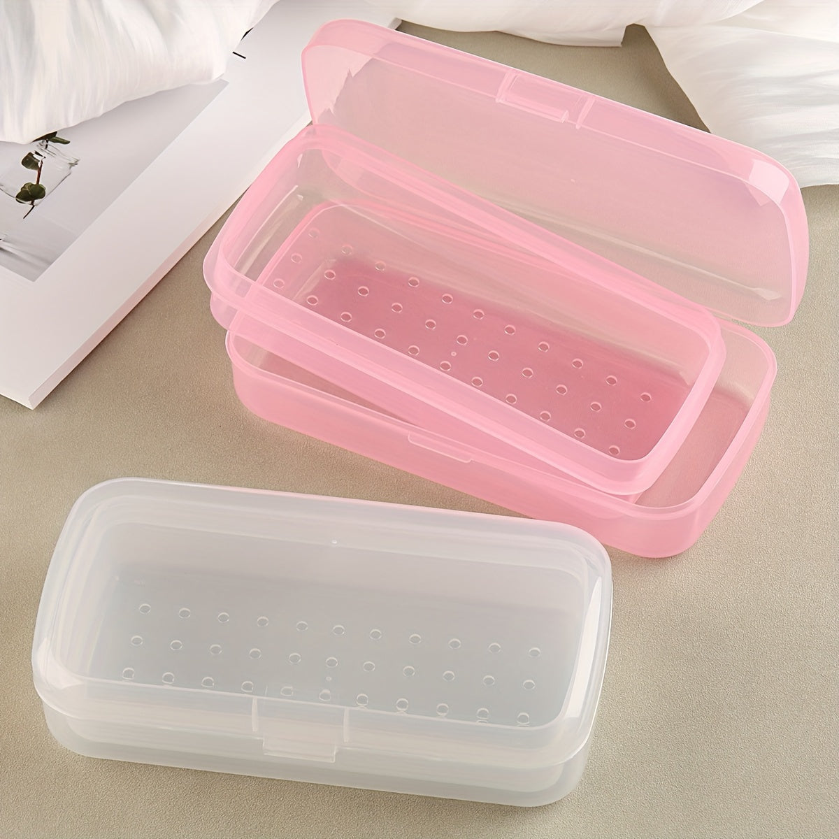 Caja de esterilización de herramientas de uñas, bandeja de esterilización transparente de plástico rosa, caja de almacenamiento de pinzas, caja de pinzas de uñas para salón de belleza y spa, máquina de corte de manicura