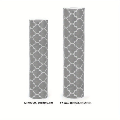 1 Rollo de Forro para Estantes Impermeable y No Adhesivo con Diseño Elegante de Trébol Gris y Blanco y Ondas - Tapete de Plástico Duradero y Cortable para Refrigeradores, Cajones de Cocina, Armarios | Antideslizante, Impermeable, Mantel para Refrigerador