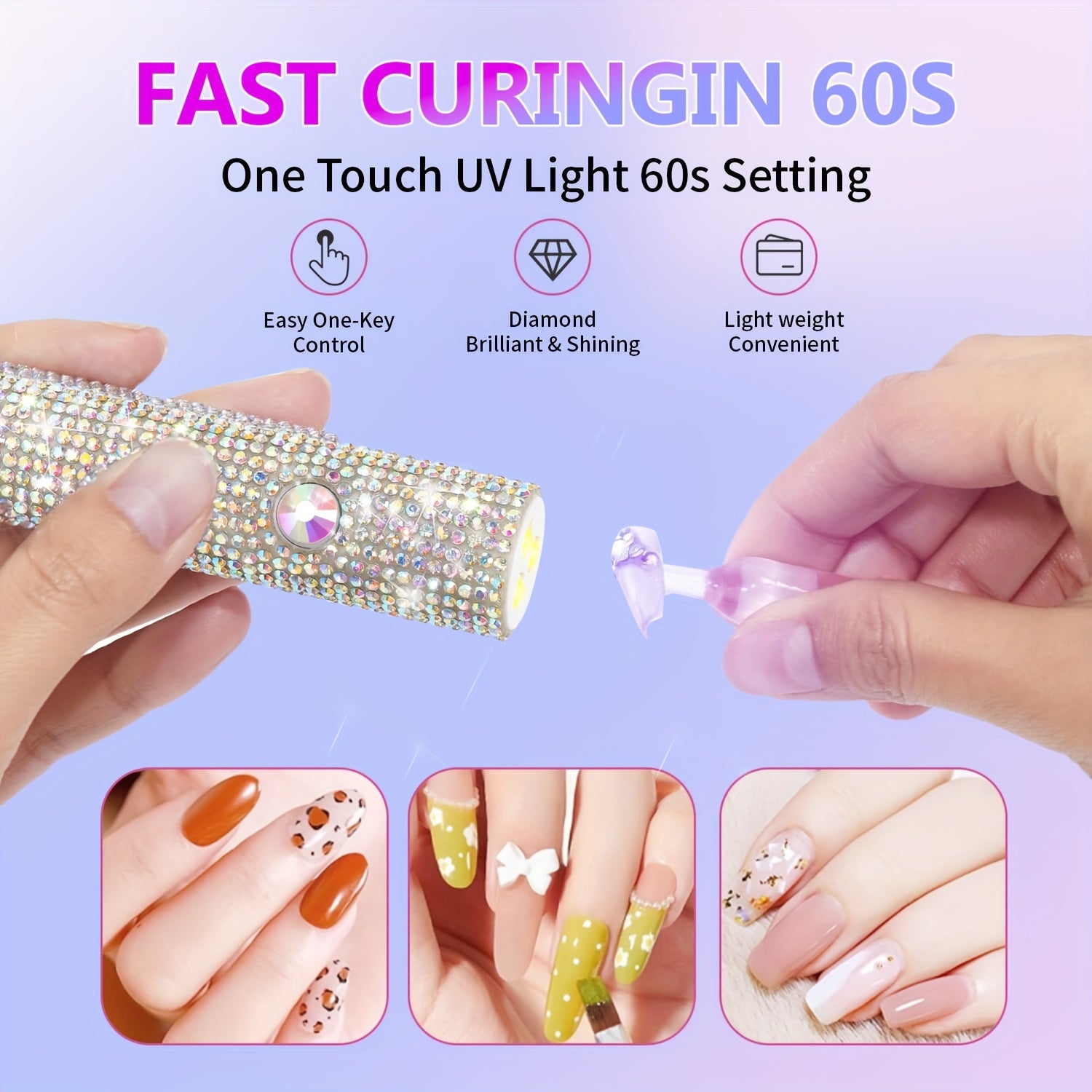 Lámpara de esmalte de uñas miniatura portátil con diamantes de imitación brillantes - Luz de manicura portátil, recargable por USB, batería incorporada, regalo perfecto para mujeres en vacaciones y cumpleaños, suministros de arte de uñas