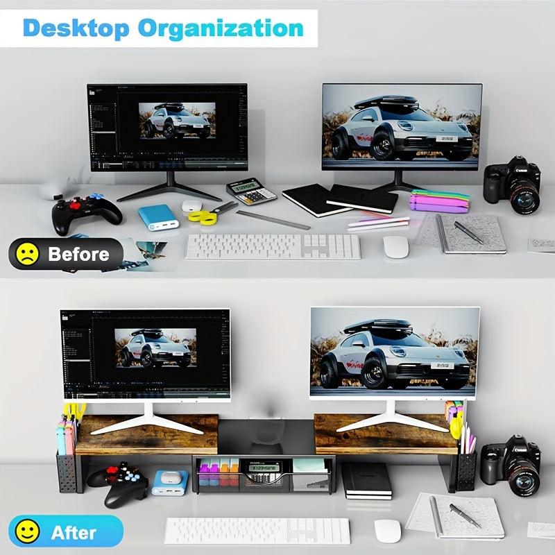 Soporte Elevador para Doble Monitor, Organizador de Escritorio con Cajón y 2 Porta Bolígrafos, Soporte para Monitores de Computadora para Hogar y Oficina
