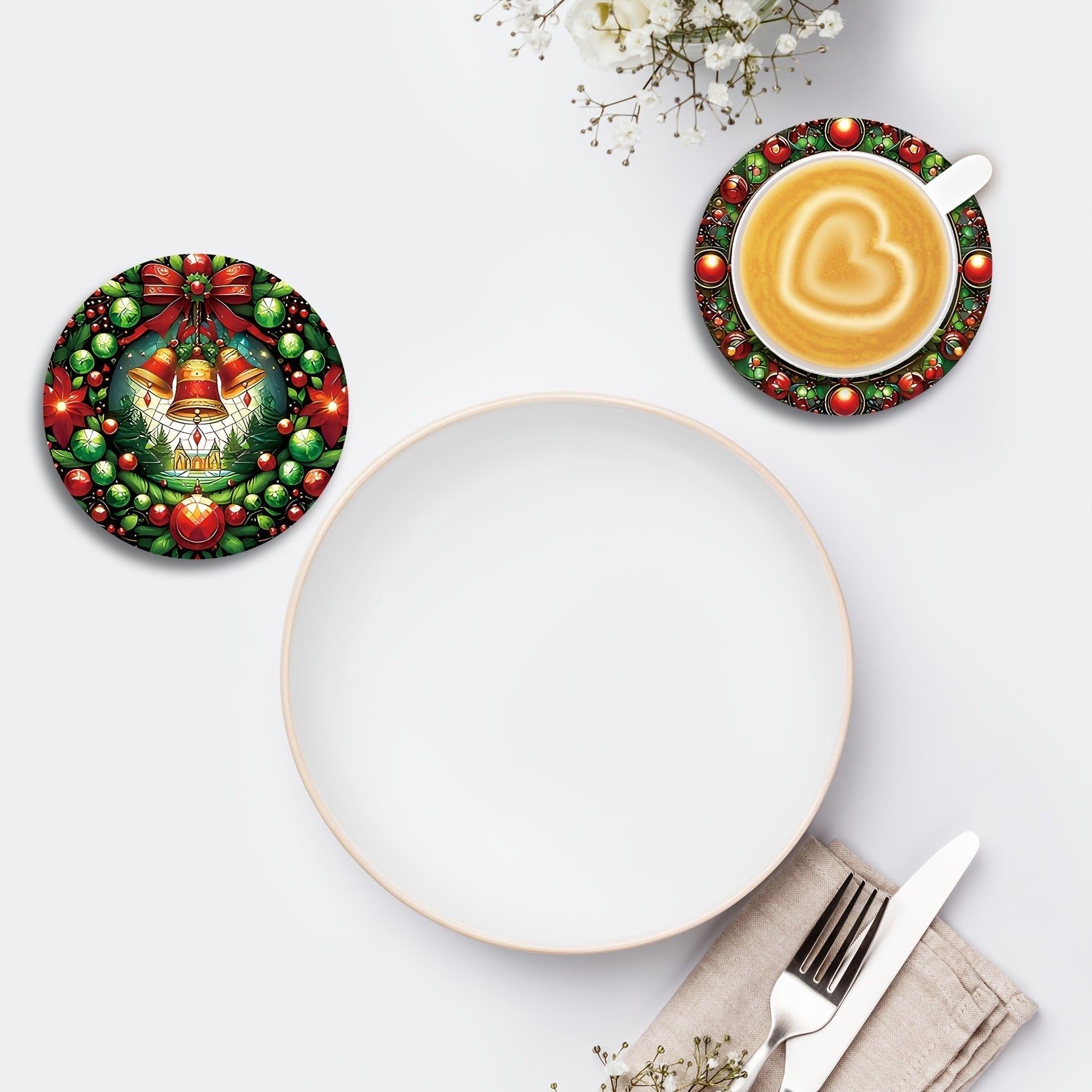 8 piezas Conjunto de posavasos de madera festivos de Navidad - Resistente al calor, lavable a mano, para bebidas, café, oficina, cocina, decoración de mesa, regalo de vacaciones, diámetro de 9,98 cm