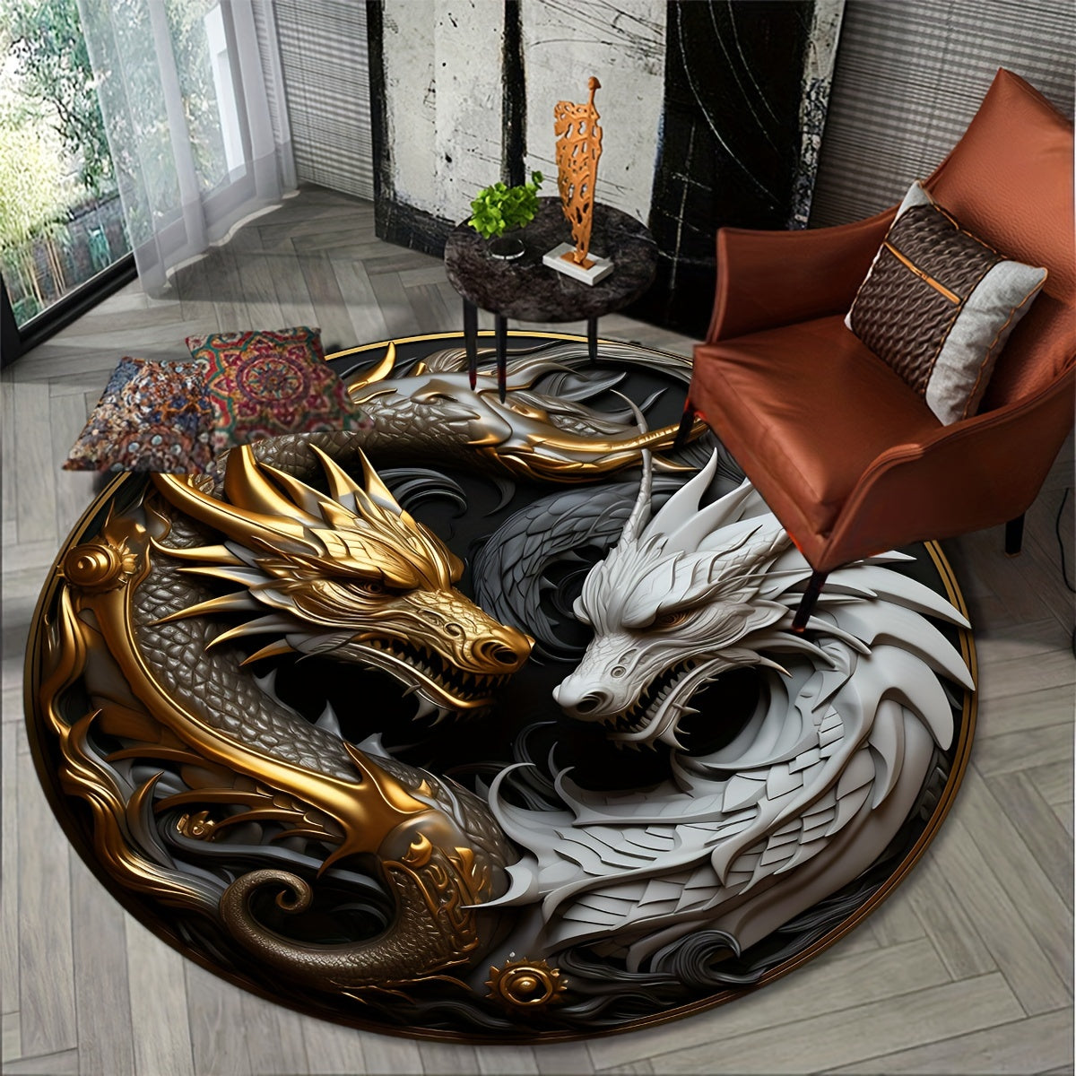 Elegante Dragón y Rosa Patrón Alfombra Redonda - Suave Poliéster, Antideslizante, Lavar a Máquina, Ideal para Dormitorio, Salón, Cocina y Decoración de Pasillo, Decoración de Dormitorio|Alfombra de Piso Artística|Cubierta de Piso Duradera, Decoración de