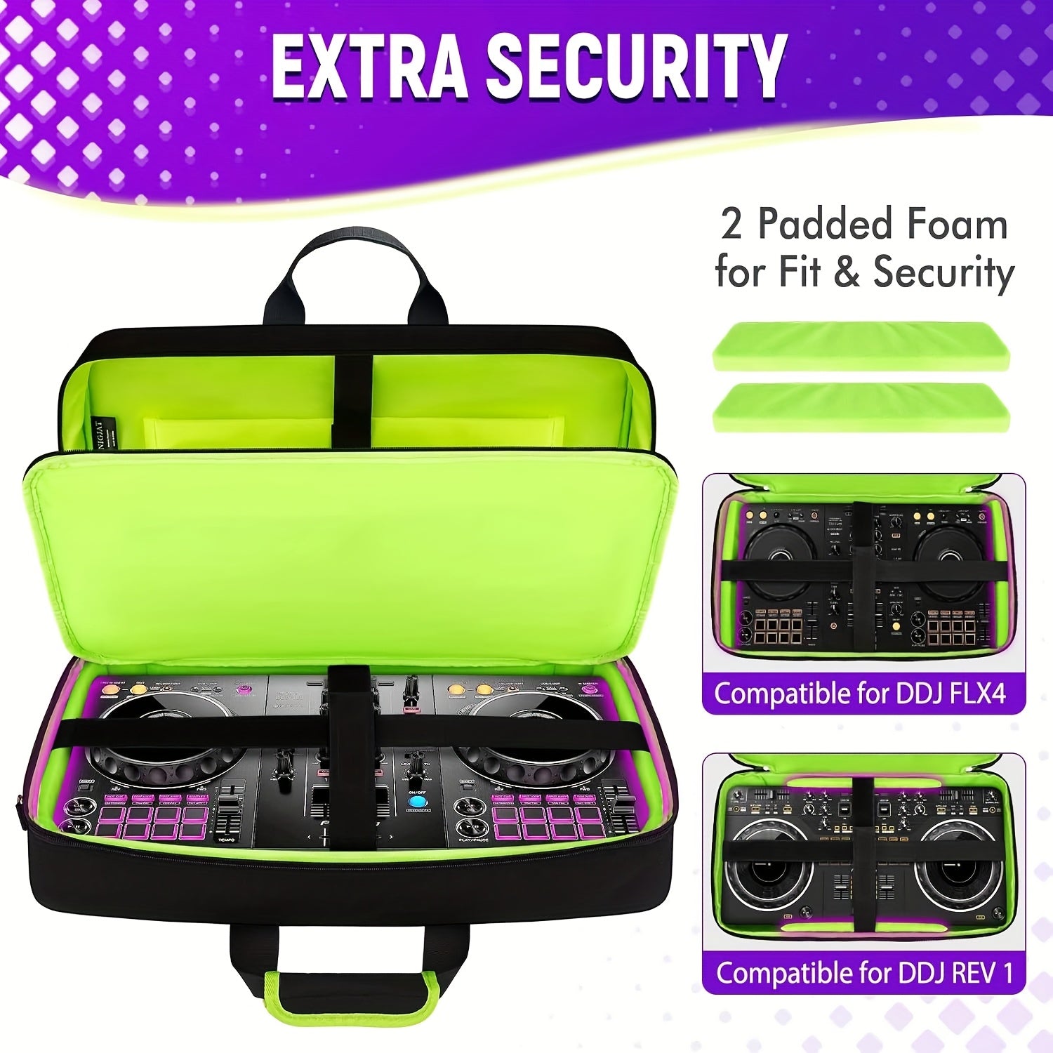 Estuche SNIGJAT para Controlador DJ Pioneer DDJ-FLX4/400/REV1 - Bolsa Acolchada con 5 Bolsillos y Correa de Hombro Ajustable, Protección para Equipo y Accesorios de DJ ( con Detalles en Verde Neón), Estuche Portátil, Diseño Multipocket, Construcción Refo