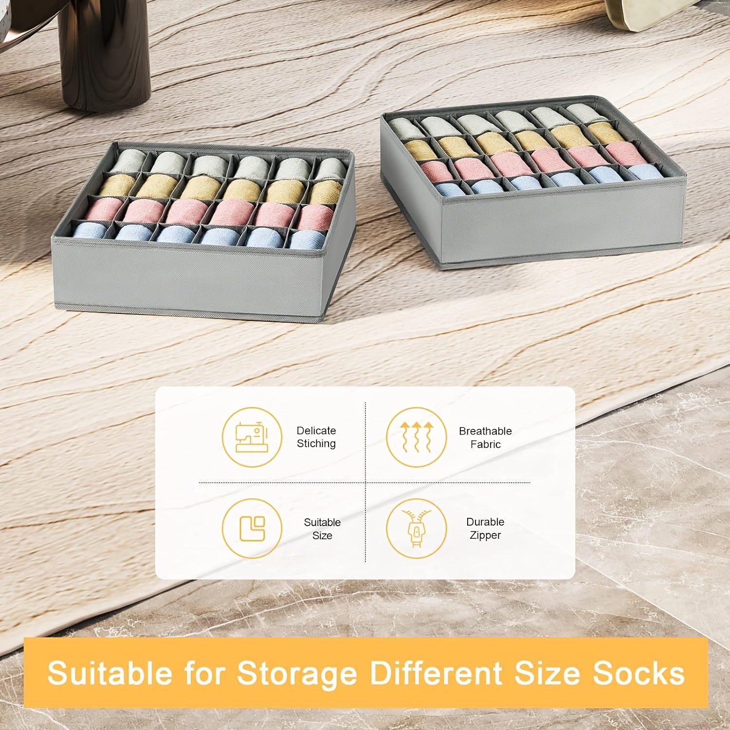Paquete de 2, 48 compartimentos, organizadores de calcetines y ropa interior de tela - Cierre de cremallera duradera, caja de almacenamiento plegable para calcetines, ropa interior, corbatas - Ideal para dormitorio y decoración del hogar, organización de