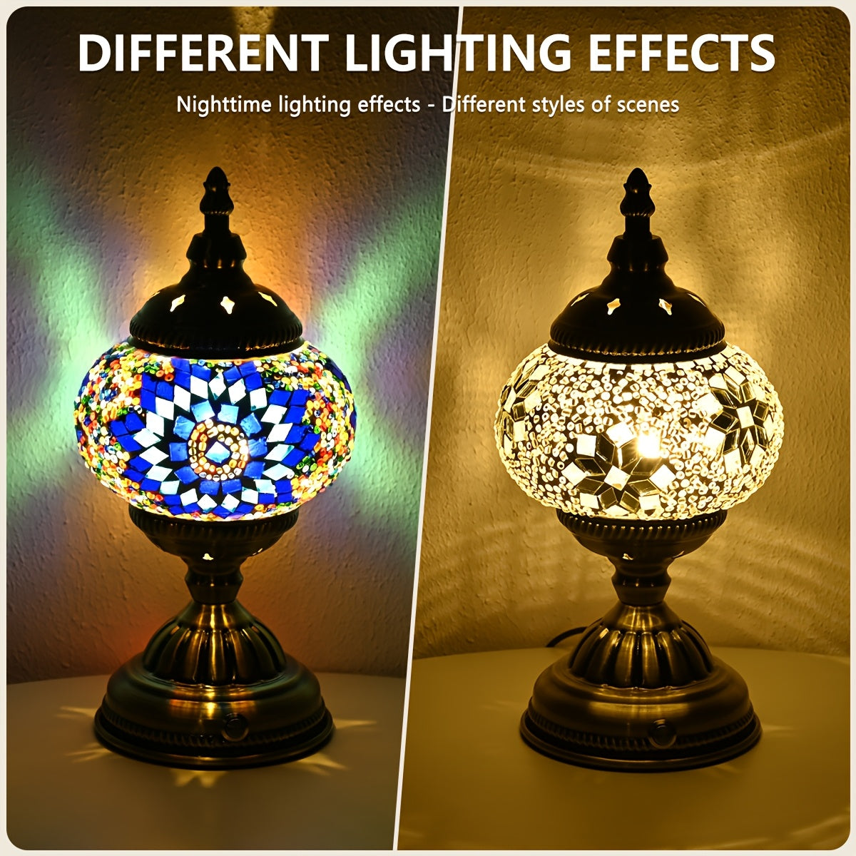 Lámpara morisca con diseño turco, base de bronce y vidrio mosaico de colores estilosos, ideal como luz de noche bohemio, decoración de dormitorio o regalo de vacaciones (incluye bombillas LED)