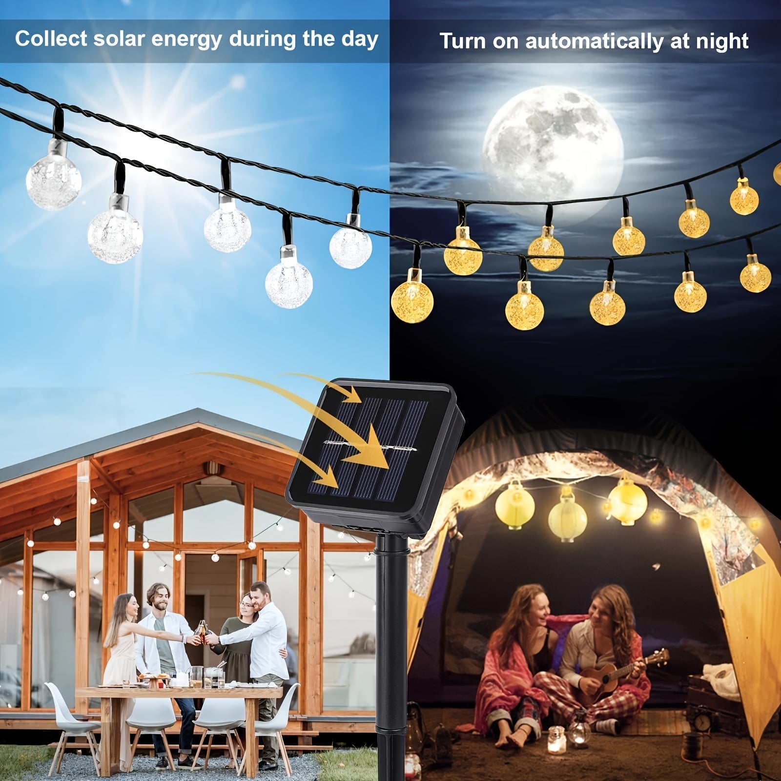 1 juego de luces solares de cristal 100/50/20, luces de hadas con 8 modos, bolas de cristal. Para exteriores: jardín, patio, balcón, bodas, decoración navideña y de verano (luz cálida, luz blanca, luz de colores)