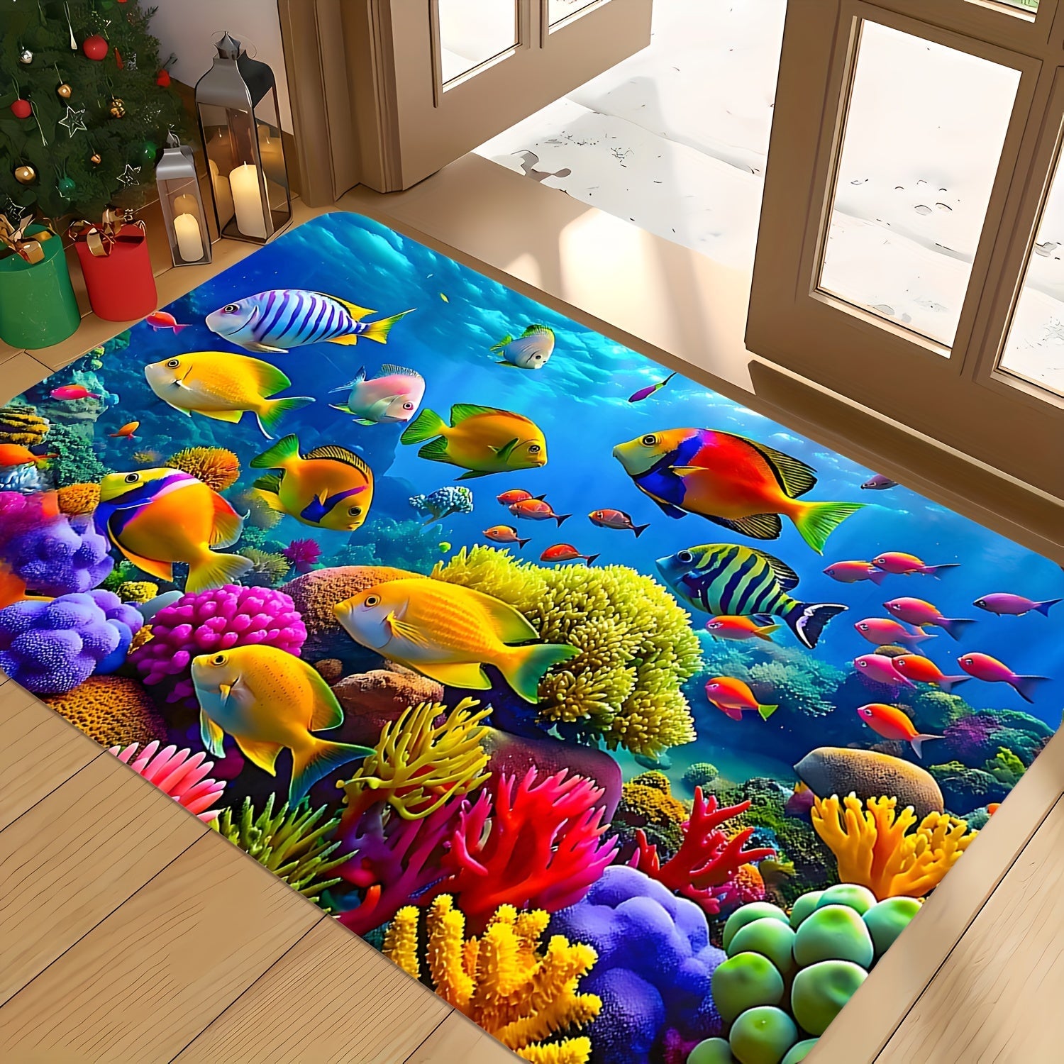 Alfombra de vida marina vibrante - Antideslizante, fácil de limpiar en poliéster con diseño de arrecife de coral colorido y peces tropicales, ideal para decoración de sala, dormitorio, cocina, oficina y baño, tapete para baño
