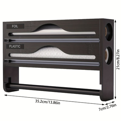 Organizador de cocina con cortador de papel film y soporte para papel - Solución de almacenamiento tres en uno: dispensador de papel encerado, rollos de papel encerado y aluminio - Ahorra espacio con portarrollo de plástico y dispensador de envoltura