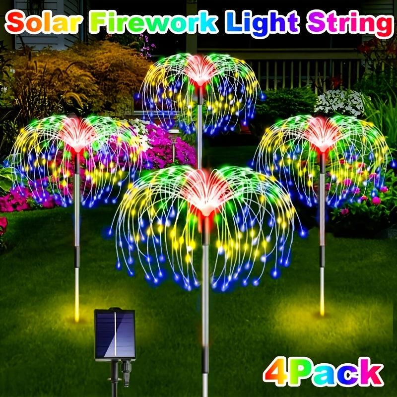 4 luces solares para jardín tipo fuegos artificiales, 320/240 LED para exteriores con 8 modos de parpadeo ajustables, iluminación decorativa cálida/blanca y colorida para patio, jardín, terraza (carga solar, montaje semiempotrado, pantalla de plástico, c