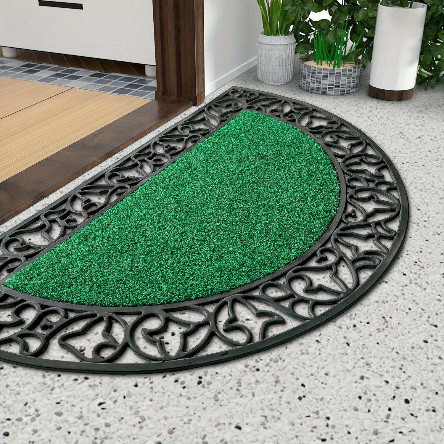 1 alfombra semicircular de PVC resistente, antideslizante, absorbente, para nieve y lodo, diseño decorativo con corte, 44.96 cm x 74.93 cm, fácil de limpiar, para interior/exterior (rayas/cuadros/floral), alfombra interior y exterior | alfombra semicircu