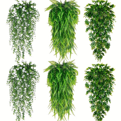 SHARKBIE 6 piezas de Planta Verde Artificial para Exterior Simulación de Helecho Persa, Hiedra y Boj, Adecuado para Jardines Exteriores, Bodas, Festivales, Pasillos, Decoración de Paredes y Puertas Principales, Decoración Colgante Interior y Exterior