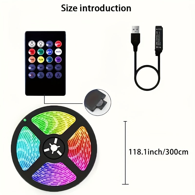 AMILL Tira de Luces LED RGB de 118.1 Pulgadas/300 cm con Control Remoto de 20 Teclas - Cambio de Colores y Regulable, Alimentación USB para Regalos de San Valentín, Decoración de Fiestas, Iluminación Ambiental en el Hogar, Creador de Ambiente Romántico,