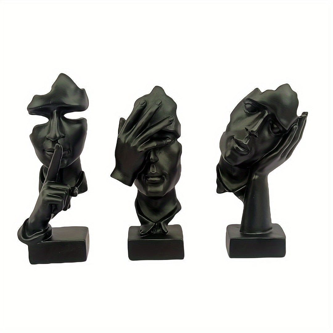 Conjunto de 3 estatuas de Pensador, Tamaño Grande El Silencio es Oro Arte Abstracto Estatua, Escucha No Diga No Moderna Decoración de Escultura de Resina para Hogar, Oficina Estudio Decoración Moderna (Negro)