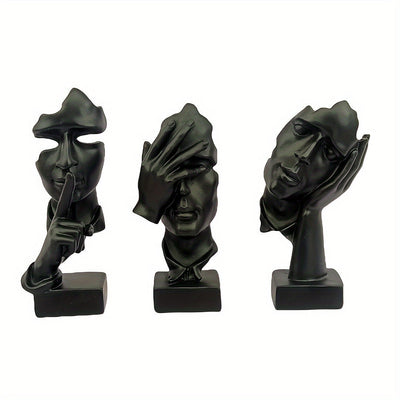 Conjunto de 3 estatuas de Pensador, Tamaño Grande El Silencio es Oro Arte Abstracto Estatua, Escucha No Diga No Moderna Decoración de Escultura de Resina para Hogar, Oficina Estudio Decoración Moderna (Negro)